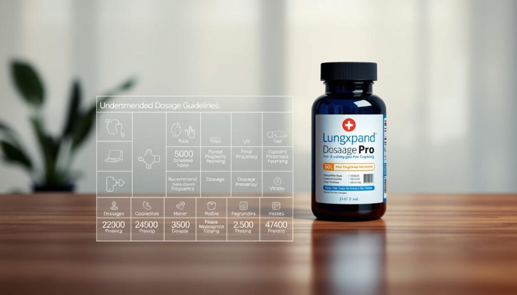 A detailed technical illustration of the &quot;LungExpand Pro Dosage Guidelines&quot; against a softly lit, clinical backdrop. In the foreground, a clear medical diagram showcases the recommended dosage protocol, meticulously labeled with dosage amounts, frequency, and accompanying imagery. The midground features a sleek, minimalist product shot of the &quot;LungExpand Pro&quot; supplement bottle, highlighted by precise studio lighting. The background subtly fades into a serene, ambient environment, creating a sense of professionalism and authority. The overall composition conveys a balance of informative clarity and visually appealing design, perfectly suited to illustrate the &quot;Understanding Dosage and Usage Guidelines&quot; section of the article.