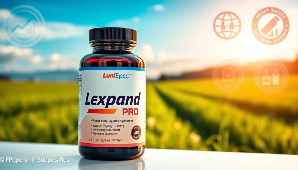 A high-quality, detailed image of the LungExpand Pro nutritional supplement. In the foreground, a bottle of the product is prominently displayed, showcasing its sleek, modern design with clean labeling. The middle ground features a serene, natural backdrop, such as a lush green meadow or a calming blue sky, to convey the supplement's purity and effectiveness. In the background, subtle visual cues suggest the product's safety and quality assurance, such as regulatory seals, laboratory equipment, or health-conscious icons. Warm, natural lighting illuminates the scene, creating a sense of trustworthiness and wellness. The overall composition and attention to detail should instill confidence in the product's safety and quality.